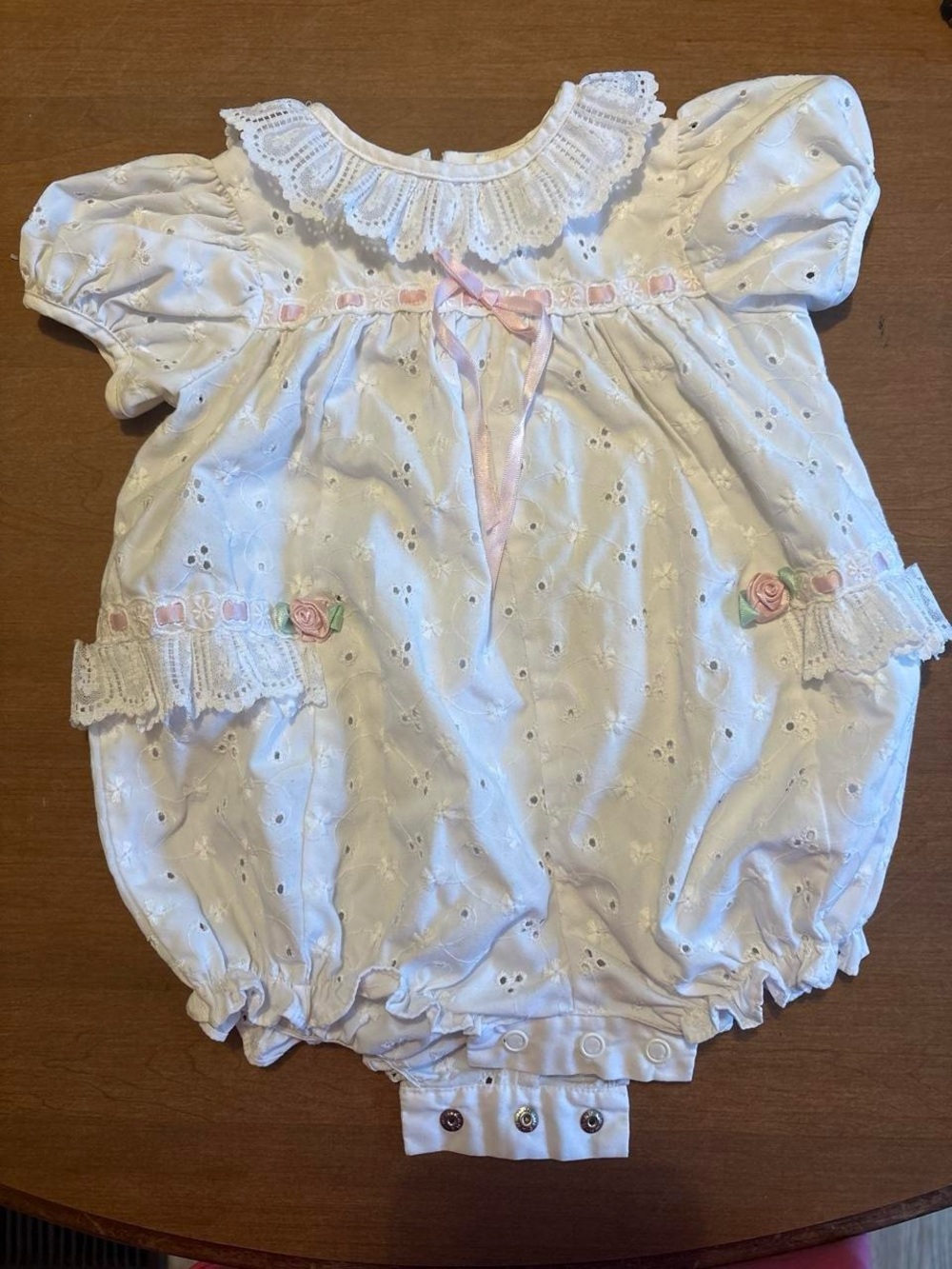 White Eyelet Baby Romper with Pink Ribbon and Rose Accents